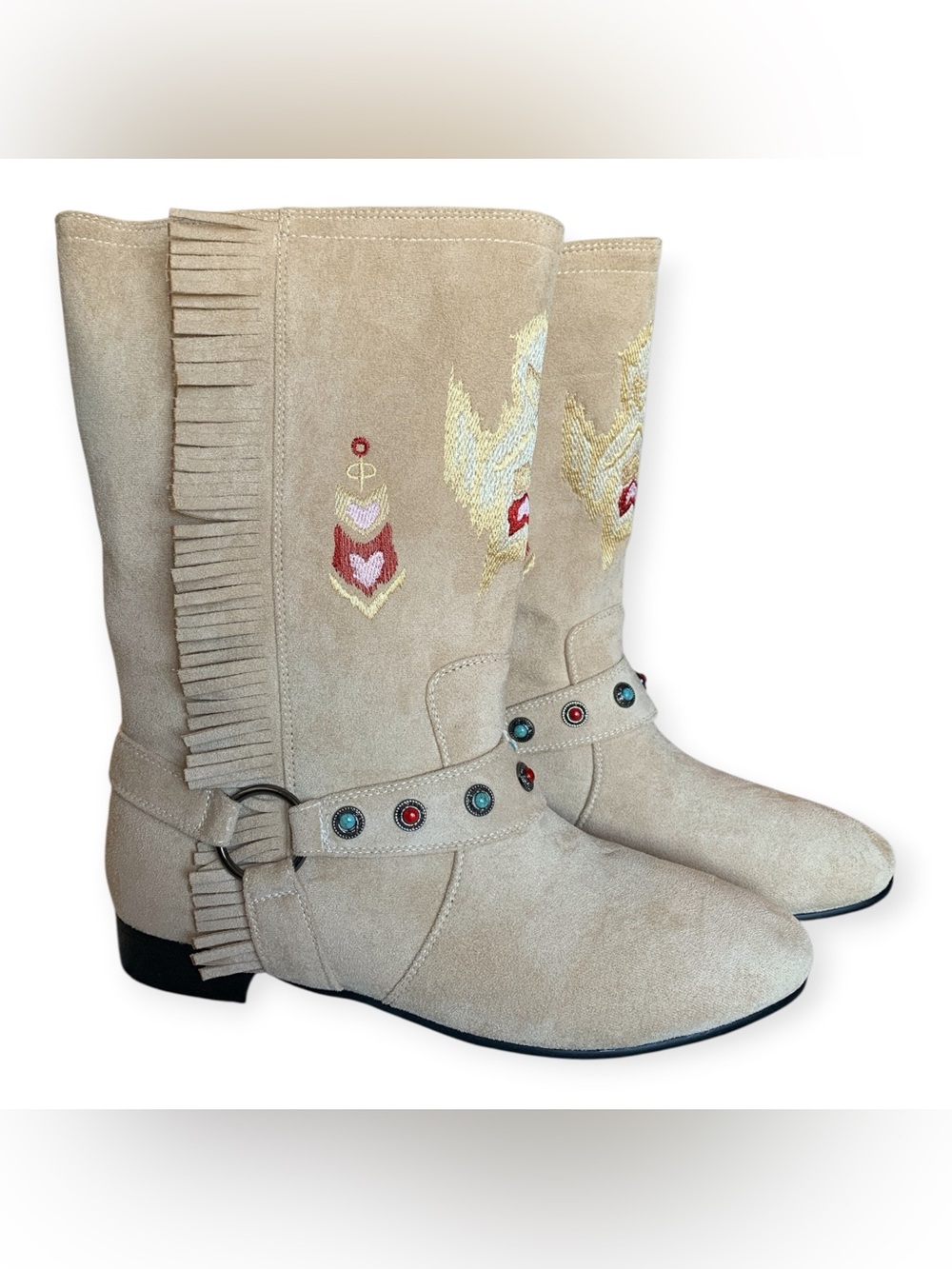 Fringe Suede Embroidered Mid-Calf Boots - Beige